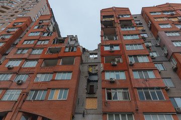 Russian missile hits residential building in Dnipro, Ukraine. Aftermath of enemy attack on city....