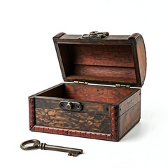 An open empty vintage wooden chest with a metal key isolated on white background