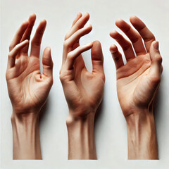 Set of three phases of holding/seizing hand gestures, isolated on white background
