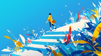 Obraz premium Minimalist 2D illustration of a digital character exploring a clean digital space with vibrant colors; simple and effective design.