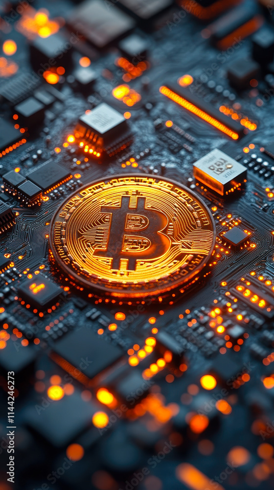 Poster bitcoin cryptocurrency on electronic circuit board symbolizing digital finance and blockchain techno