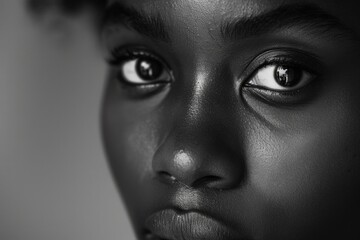 Close up black and white photo of african american woman staring