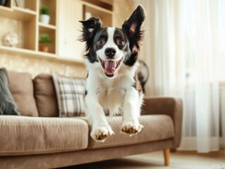 Energetic Golden Retriever dog running excitedly across the front door area of a house, highlighting active pet behavior, outdoor, indoor transition, and joyful canine energy
