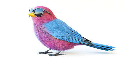 Colorful bird in sunglasses on a white background.