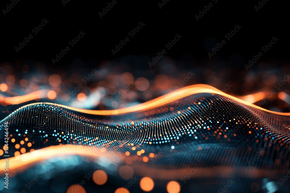 Poster digital waves of light create an abstract landscape with glowing points against a dark background