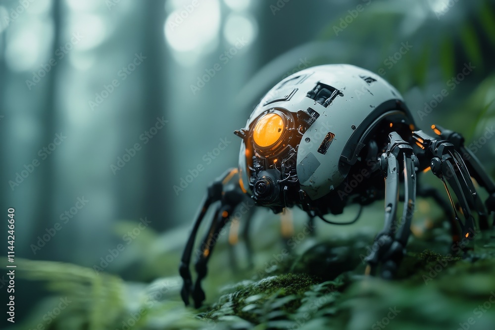 Poster futuristic robotic creature exploring a dense, misty forest during twilight hours in a serene natura