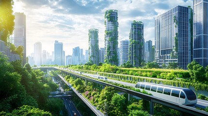 A conceptual depiction of reducing the carbon footprint, framed by efficient transportation methods, greener infrastructure, and cleaner production lines 