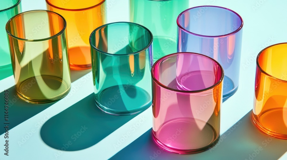Poster cylindrical objects in rainbow hues casting shadows on a vivid turquoise surface, creating depth and