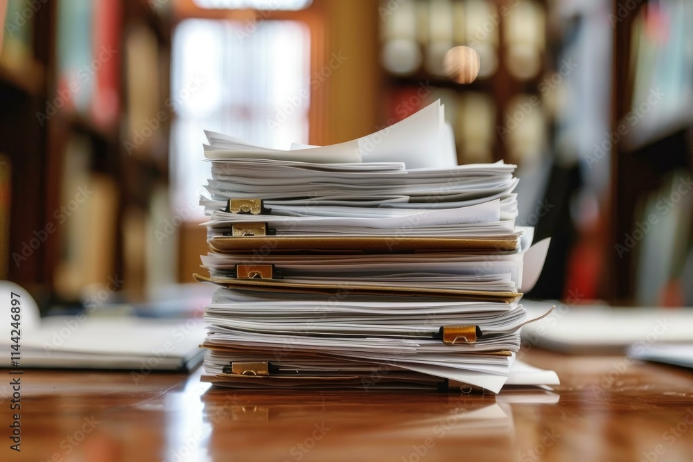 Poster stack of folders overflowing with paperwork sitting on a desk in an office, concept of workload