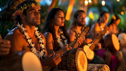 A group of Hawaiians performing traditional music with ancient instruments