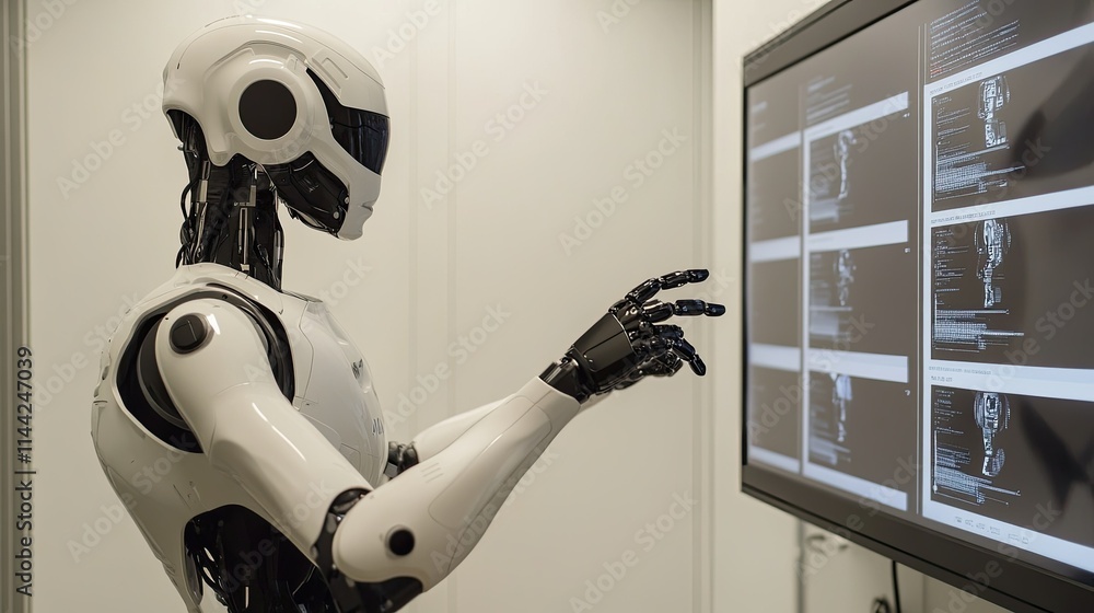 Poster futuristic robot interacting with high-tech display screen