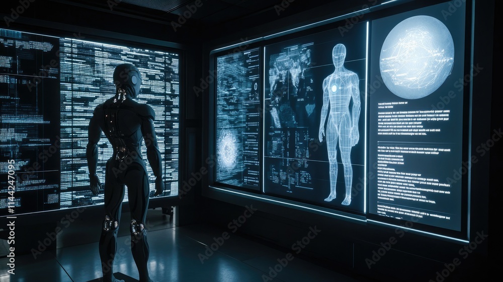 Poster futuristic robot in high-tech room with digital displays and data
