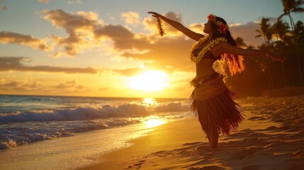 A Hawaiian hula dancer performing on a beach at sunset