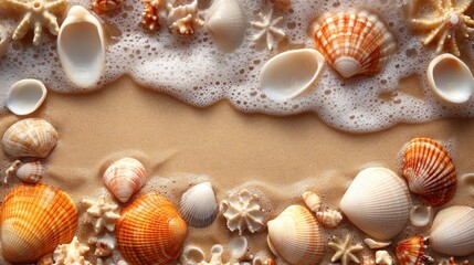 Seashells and wave foam border on sandy beach.