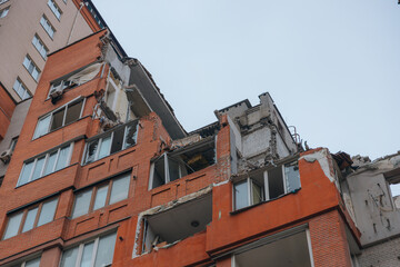 Russian missile hits residential building in Dnipro, Ukraine. Aftermath of enemy attack on city....