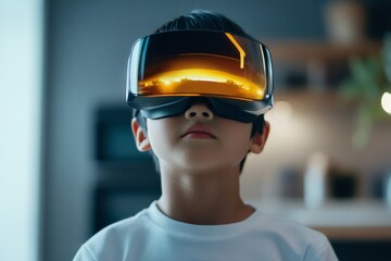 Young boy experiences virtual reality through futuristic headset while exploring immersive technology at home