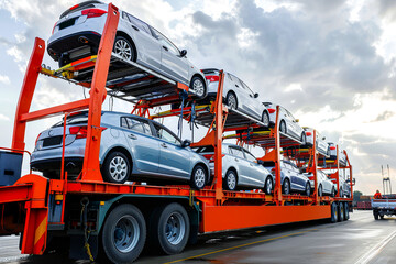Car transporter loaded with new vehicles on a highway under a cloudy sky.