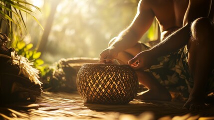 A local artisan weaving a traditional Hawaiian basket in a sunlit workshop