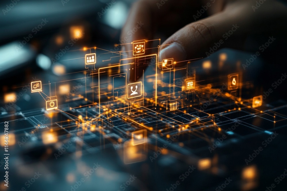 Poster digital interface with glowing icons interacting with a touch interface during a data analysis sessi