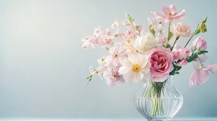 Elegant pastel flowers in a glass vase against a soft, light background, evoking serenity and beauty