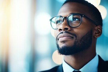 Obraz premium Portrait of a young man in glasses looking confidently towards the future in a modern office setting during daytime