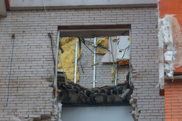Russian missile hits residential building in Dnipro, Ukraine. Aftermath of enemy attack on city....