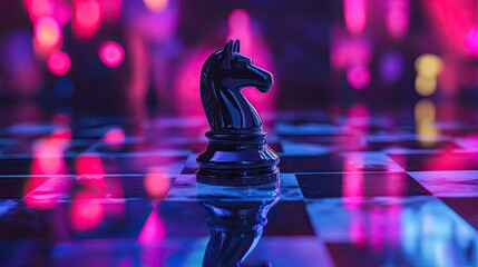 Elegant Black Chess Knight Piece on Glossy Chessboard Background