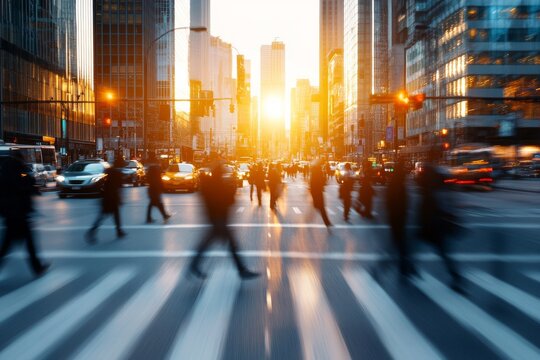 Fototapeta Busy city intersection at sunset with blurred pedestrians crossing the street during evening rush hour