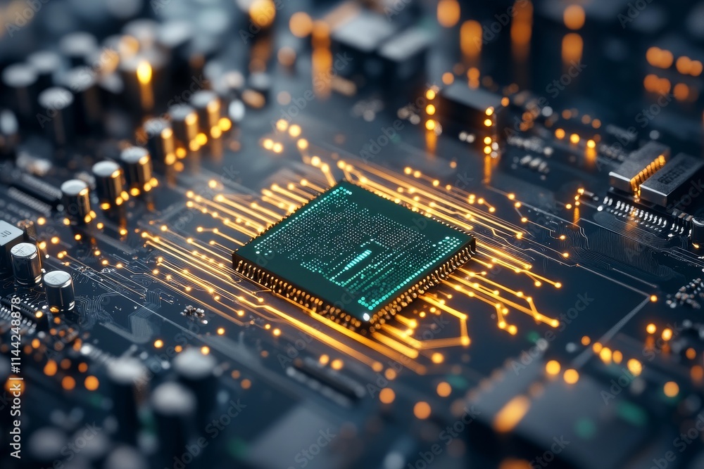 Poster close-up view of a high-tech computer circuit board with glowing components during nighttime in a mo