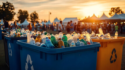 Recycling bins filled with plastic bottles at an outdoor event with people and tents in the background during sunset.