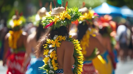 A parade during a Hawaiian festival with participants in traditional attire
