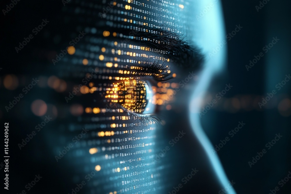 Poster a close-up view of an eye illuminated by glowing binary code reflecting a digital world and technolo