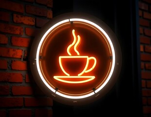 Neon light coffee cup logo in round signage mounted on a cafe brick wall at night scene