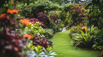 A peaceful green garden with lush plants and colorful flowers,