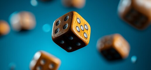 A close-up of wooden dice floating against a blue background, emphasizing gaming and chance.