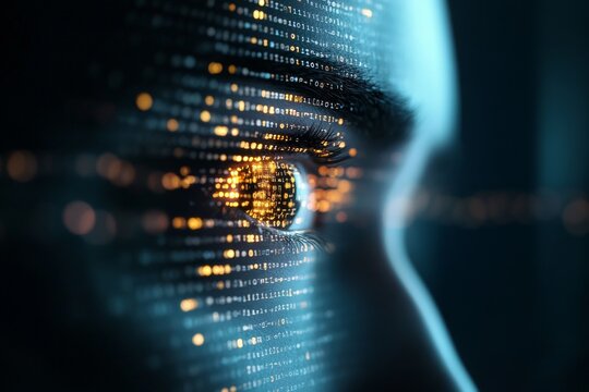 A close-up view of an eye illuminated by glowing binary code reflecting a digital world and technology concepts
