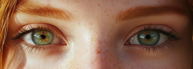 Close-up of female with freckles and green eyes showing detailed eye features