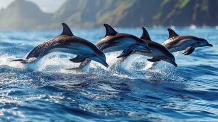 Fototapeta premium A pod of dolphins jumping out of the water near Hawaii's coast