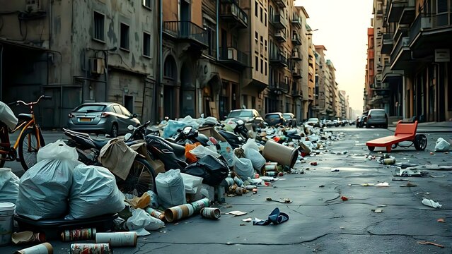 Dirty and messy city street with many trash bags, cans, and waste scattered along the empty street