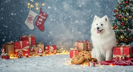 Samoyed Dog in christmas set, christmas photography, christmas studio