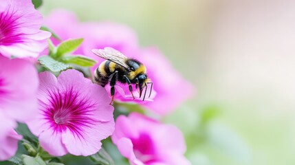 Bumblebee pollinating pink flowers.