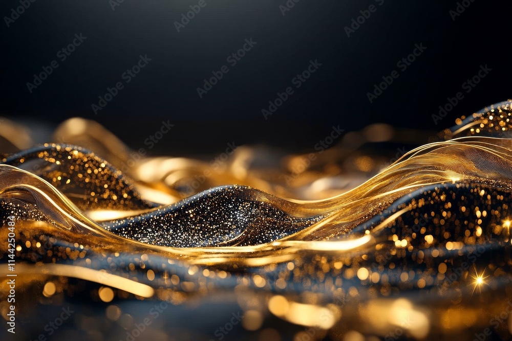 Poster golden waves of light create a stunning abstract composition in a dark setting with shimmering textu
