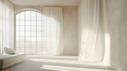 Fototapeta premium Minimalistic interior view of fluttering white curtains at an open window, bathed in natural, soft lighting