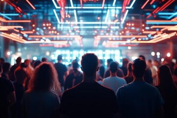 Naklejka premium Crowd gathered for electronic music performance under colorful lights in a vibrant venue