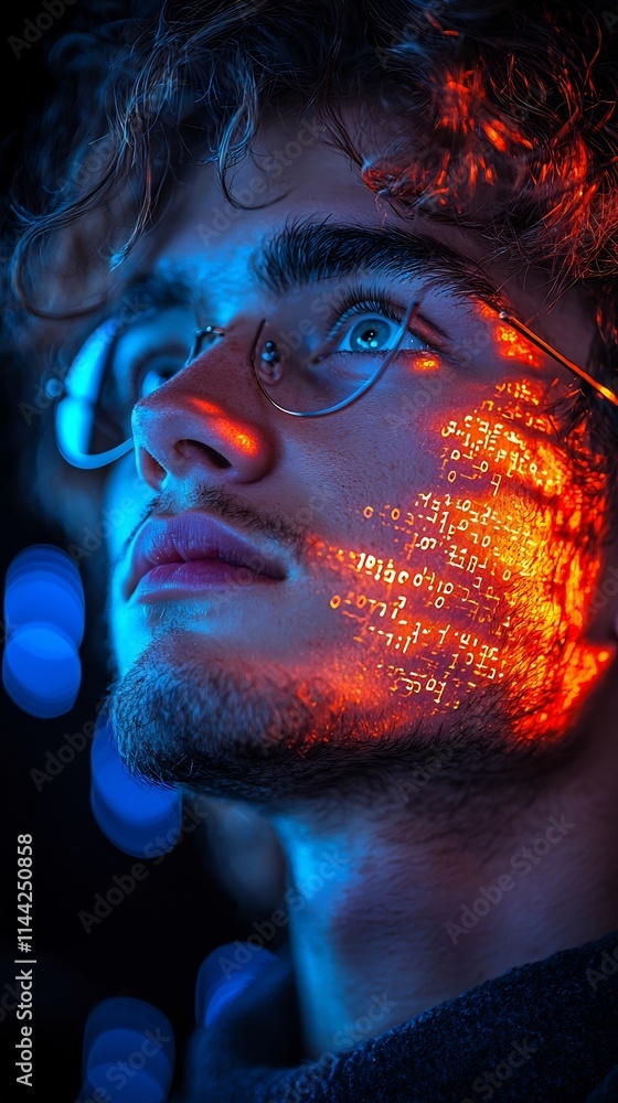 Aufkleber cybersecurity student working on encrypted code with intense expression under neon blue light