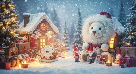 A cute lion stuffed animal in a Christmas scene, animals in christmas, a cute stuffed animal puppet, Lion