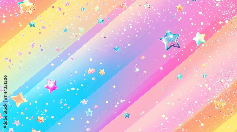 Poster multicolor gradient diagonal borders with reflective holographic stars and shiny confetti scattered 