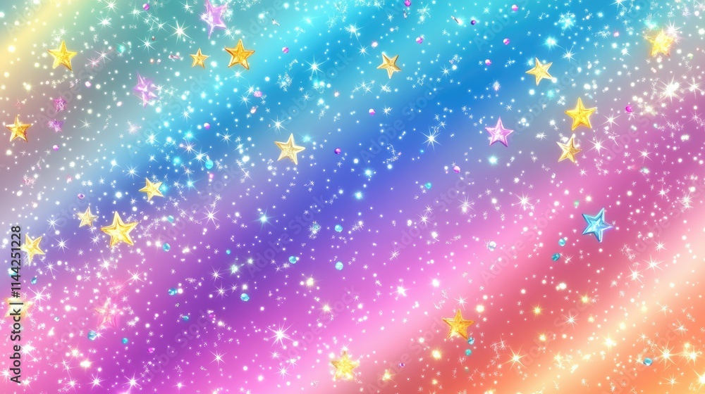 Poster multicolor gradient diagonal borders with reflective holographic stars and shiny confetti scattered 