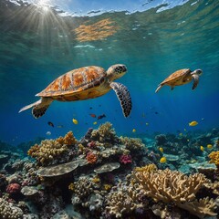 Fototapeta premium A beautiful coral reef with sea turtles gliding among colorful coral.