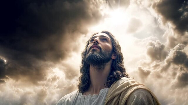 Jesus prays to his Father as large clouds move above him